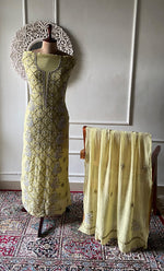 Load image into Gallery viewer, Women's Lakhnavi Handcrafted Mul Chanderi Unstitched Chikankari Full Suit Material - HONC0339575