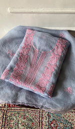 Load image into Gallery viewer, Women's Lakhnavi Handcrafted Pure Organza Chikankari Unstitched Kurta And Dupatta Set- HONC0361457