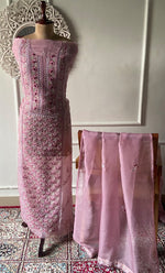 Load image into Gallery viewer, Women's Lakhnavi Handcrafted Pure Organza Chikankari Unstitched Kurta And Dupatta Set- HONC0339421