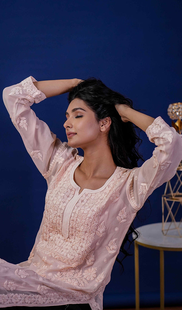 Umnaaz Women's Lakhnavi Handcrafted Viscose Georgette Chikankari Kurti- HONC0170695