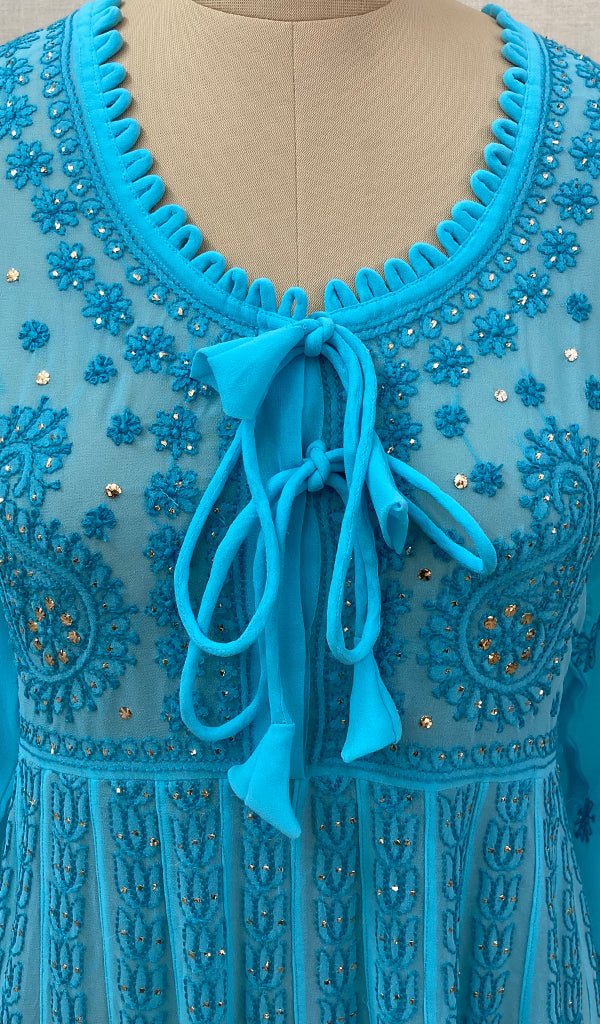 Women's Lakhnavi Handcrafted Turquoise Faux-Georgette Chikankari Anarkali Dress - NC0852