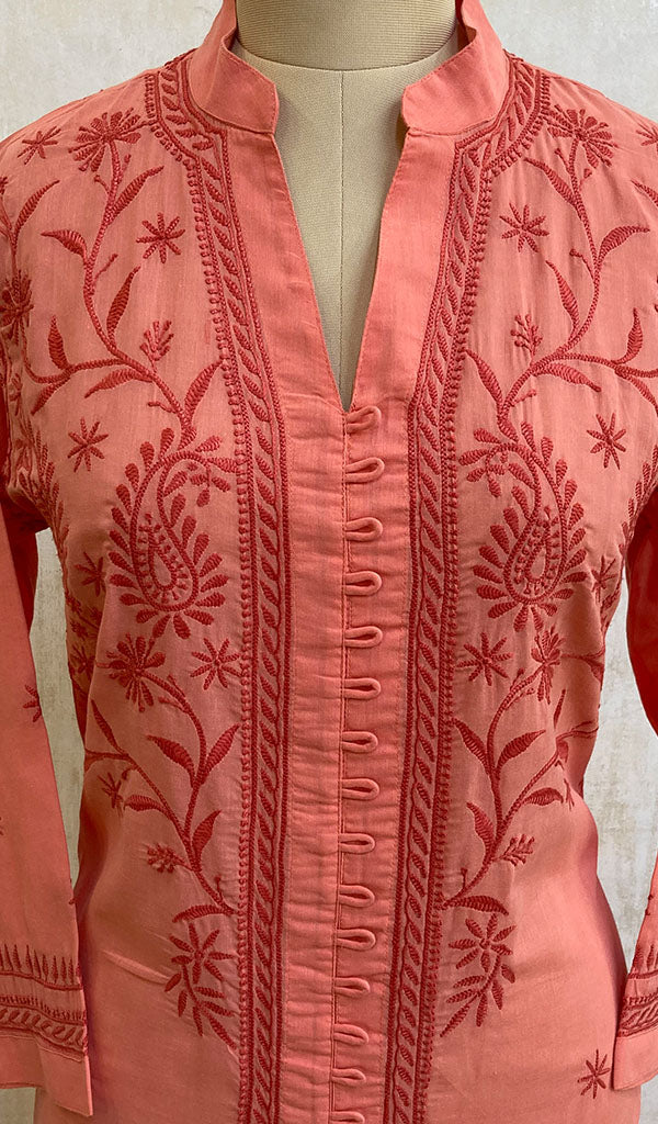 Women's Lakhnavi Handcrafted Pink Cotton Chikankari Kurti - NC068807