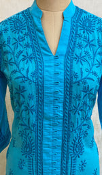 将图像加载到图库查看器中, Women's Lakhnavi Handcrafted Turquoise Cotton Chikankari Kurti - NC068811