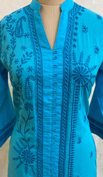 Load image into Gallery viewer, Women's Lucknowi Handcrafted Turquoise Cotton Chikankari Kurti - NC068812