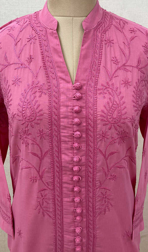 Women's Lakhnavi Handcrafted Dark Pink Cotton Chikankari Kurti - NC068817