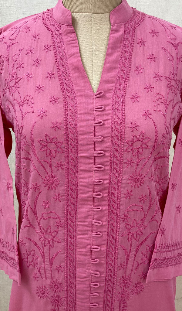Women's Lakhnavi Handcrafted Dark Pink Cotton Chikankari Kurti - NC068819