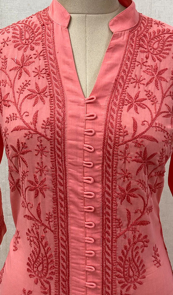 Women's Lakhnavi Handcrafted Pink Cotton Chikankari Kurti - NC068832
