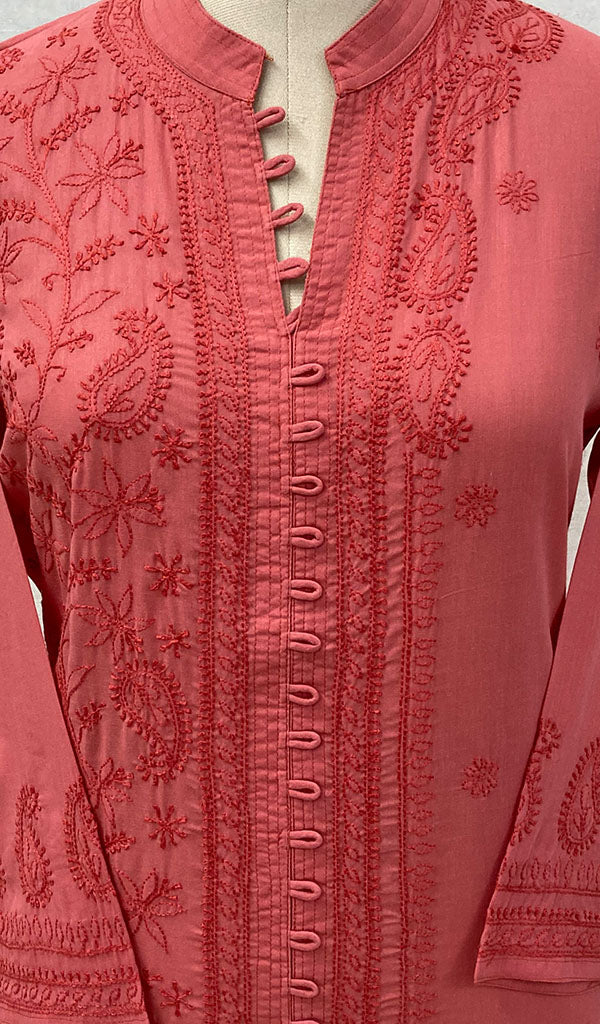 Women's Lucknowi Handcrafted Dark Pink Cotton Chikankari Kurti - NC068833