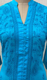 将图像加载到图库查看器中, Women's Lucknowi Handcrafted Turquoise Cotton Chikankari Kurti - NC068840