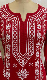 将图像加载到图库查看器中, Women's Lakhnavi Handcrafted Red Cotton Chikankari Kurti - HONC020795
