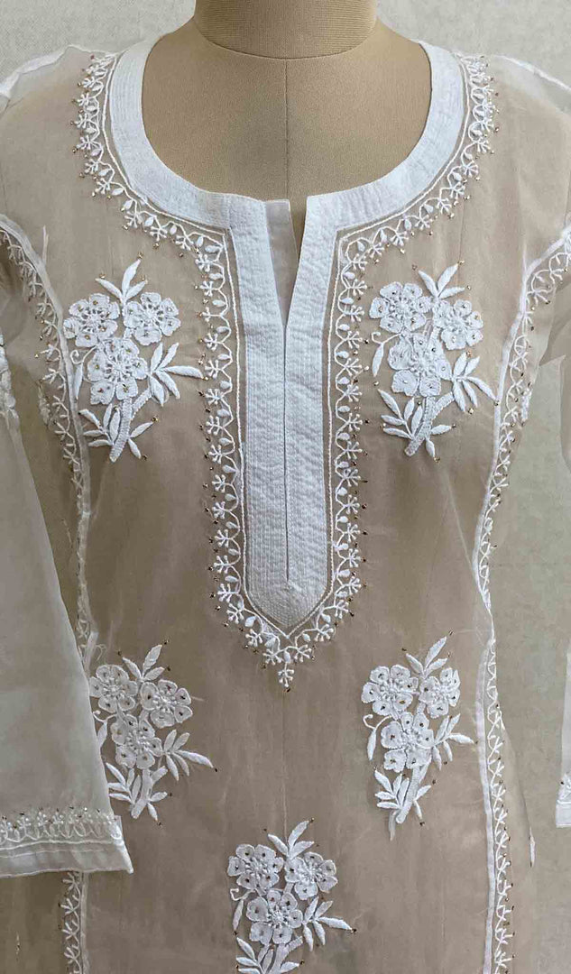 Women's Lakhnavi Handcrafted White Organza Chikankari Kurti - HONC029496