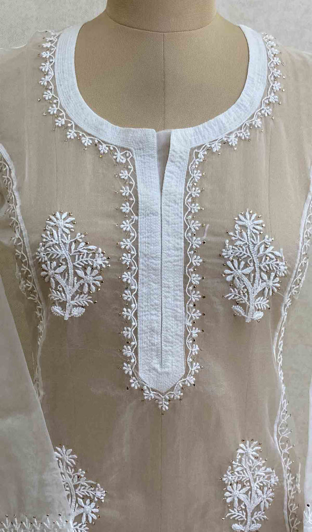 Women's Lakhnavi Handcrafted White Organza Chikankari Kurti - HONC029498