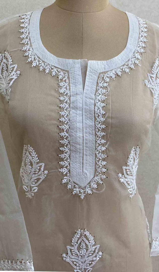 Women's Lakhnavi Handcrafted White Organza Chikankari Kurti - HONC029495