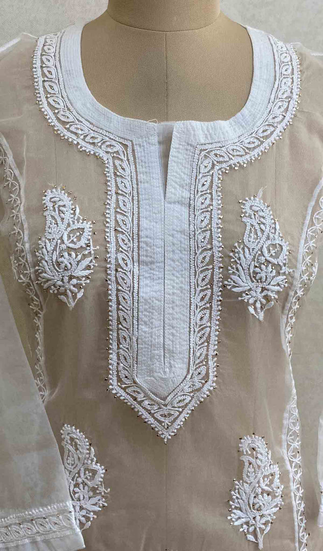 Women's Lakhnavi Handcrafted White Organza Chikankari Kurti - HONC029504