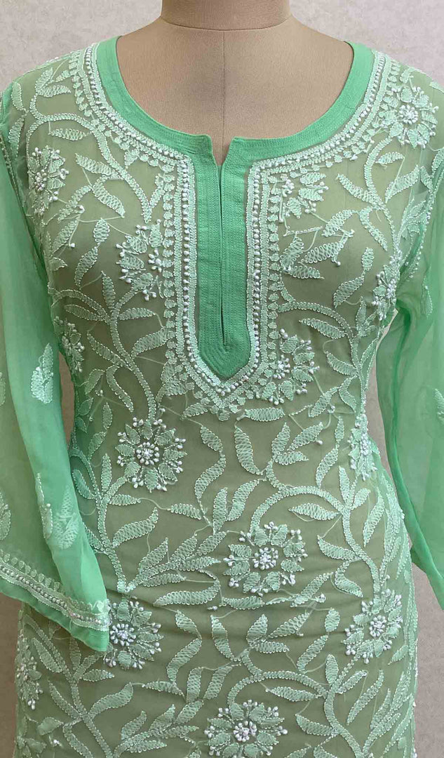 Lucknowi 手工制作人造乔其纱 Chikankari 上衣 - HONC037166