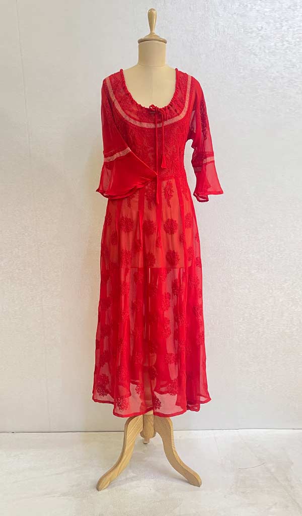 Aadab Women's Lucknowi Handcrafted Faux-Georgette Chikankari Anarkali Dress - HONC038969