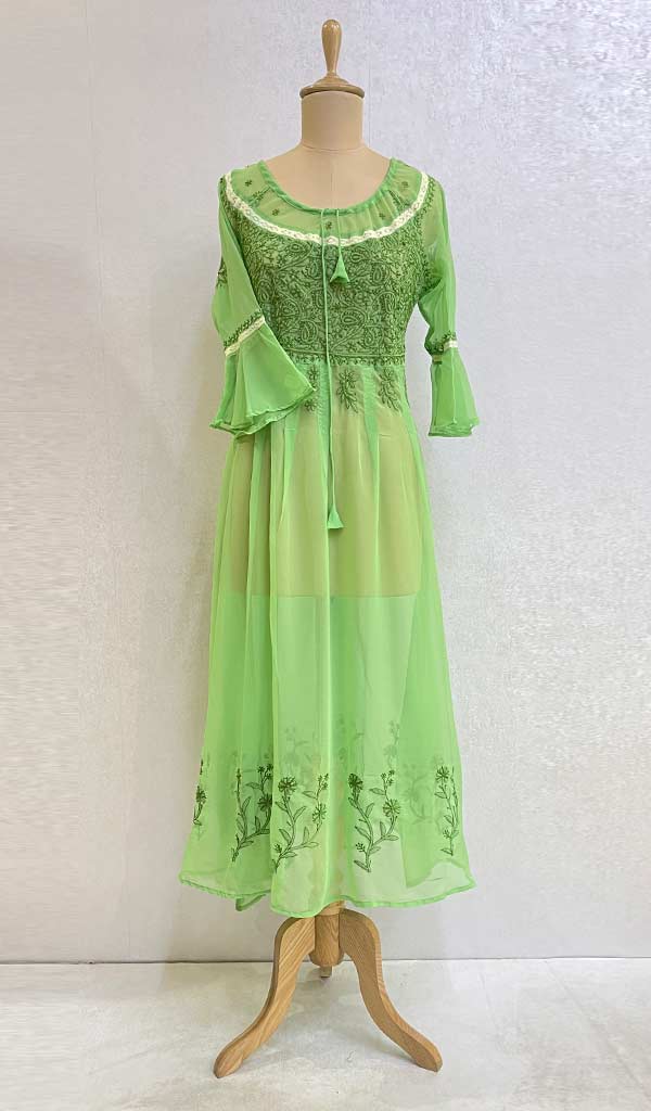 Aadab Women's Lakhnavi Handcrafted Faux-Georgette Chikankari Anarkali Dress