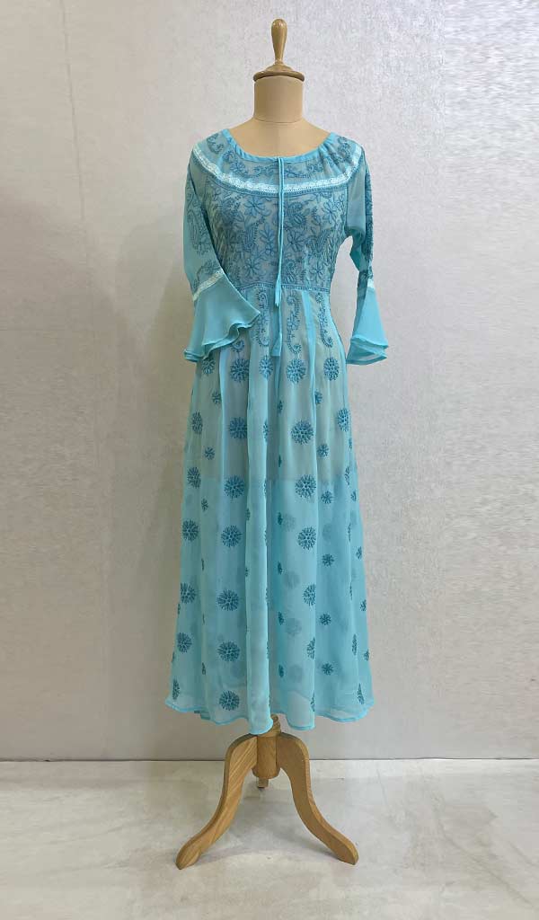 Aidah Women's Lakhnavi Handcrafted Faux-Georgette Chikankari  Anarkali Dress- HONC038979