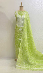 Load image into Gallery viewer, Women's Lakhnavi Handcrafted Kota Cotton Chikankari Kurta And Dupatta Set- HONC074303
