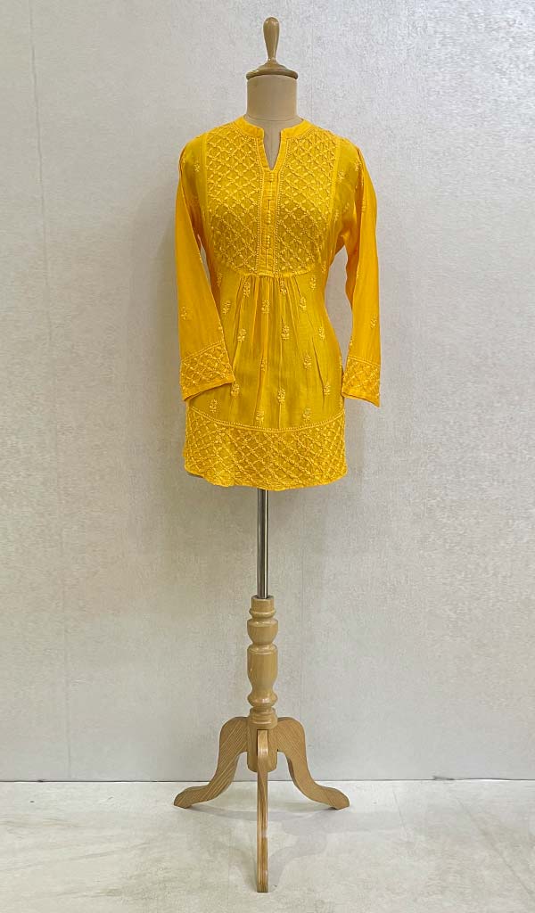 Lakhnavi 手工制作 Chanderi 丝绸 Chikankari 上衣 - HONC082892