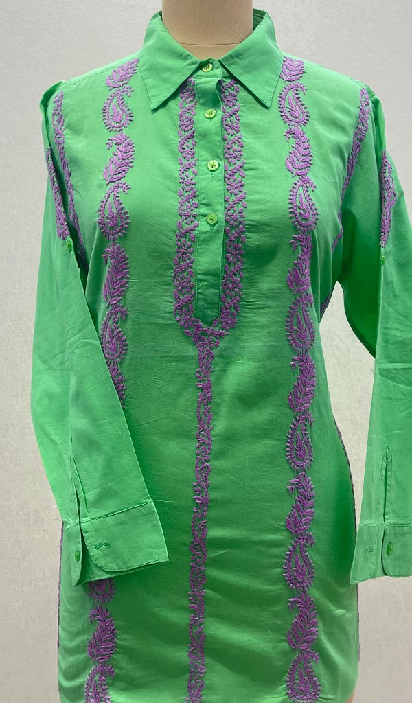 Lucknowi 手工制作的棉质 Chikankari 上衣 - HONC099122