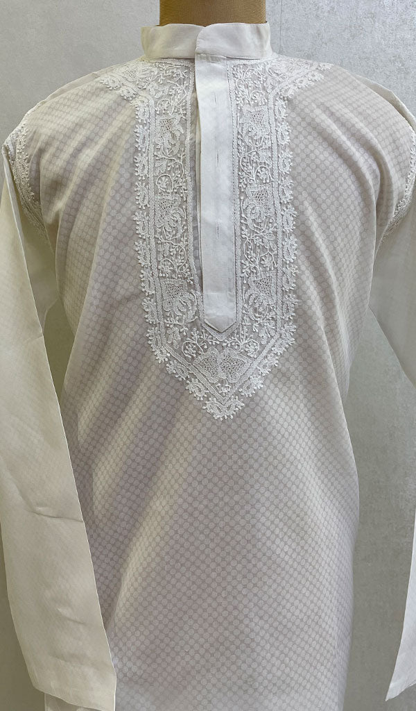 Men's Lucknowi Handcrafted Cotton Chikankari Kurta - HONC085885