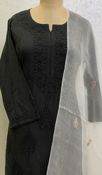 将图像加载到图库查看器中, Lucknowi 手工纯欧根纱丝绸 Chikankari Dupatta - Honc0117063