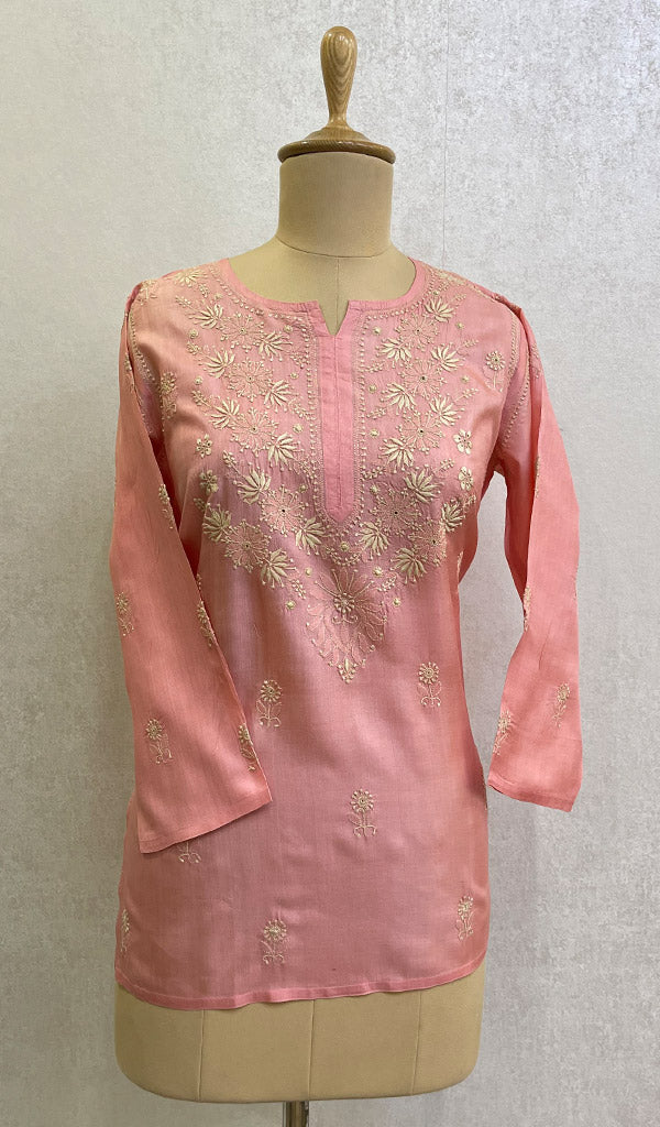 Lakhnavi 手工丝绸 Chikankari 上衣 - HONC0118656