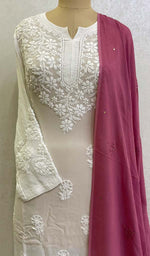 将图像加载到图库查看器中, 勒克瑙手工制作粘胶乔其纱 Chikankari Dupatta - Honc095712