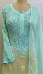 将图像加载到图库查看器中, Lucknowi 手工粘胶乔其纱 Chikankari Kurta Palazzo 带 Dupatta 套装 - HONC0113556
