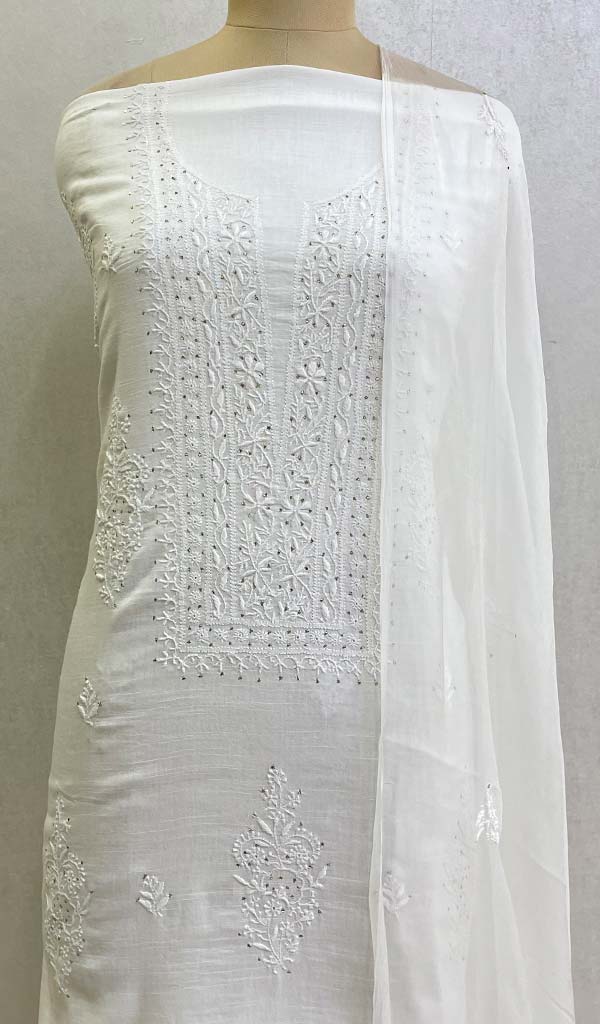 Women's Lakhnavi Handcrafted Linen Cotton Chikankari Kurta  And  Chiffon Dupatta Set- Honc060664