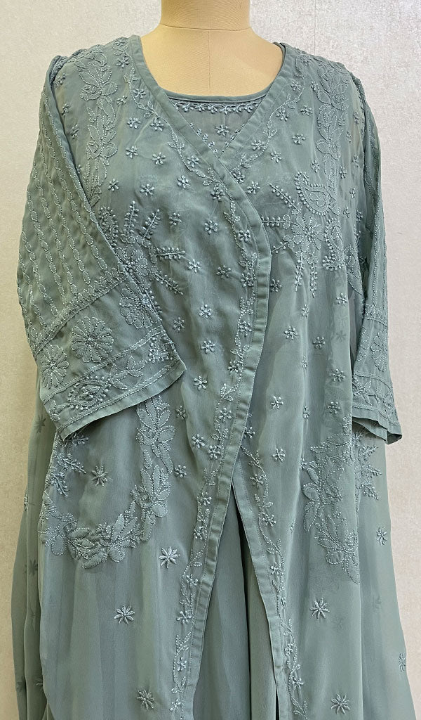 Haaya Women's Lakhnavi Handcrafted Faux-Georgette Chikankari Shrug and Dress Set - HONC0137241