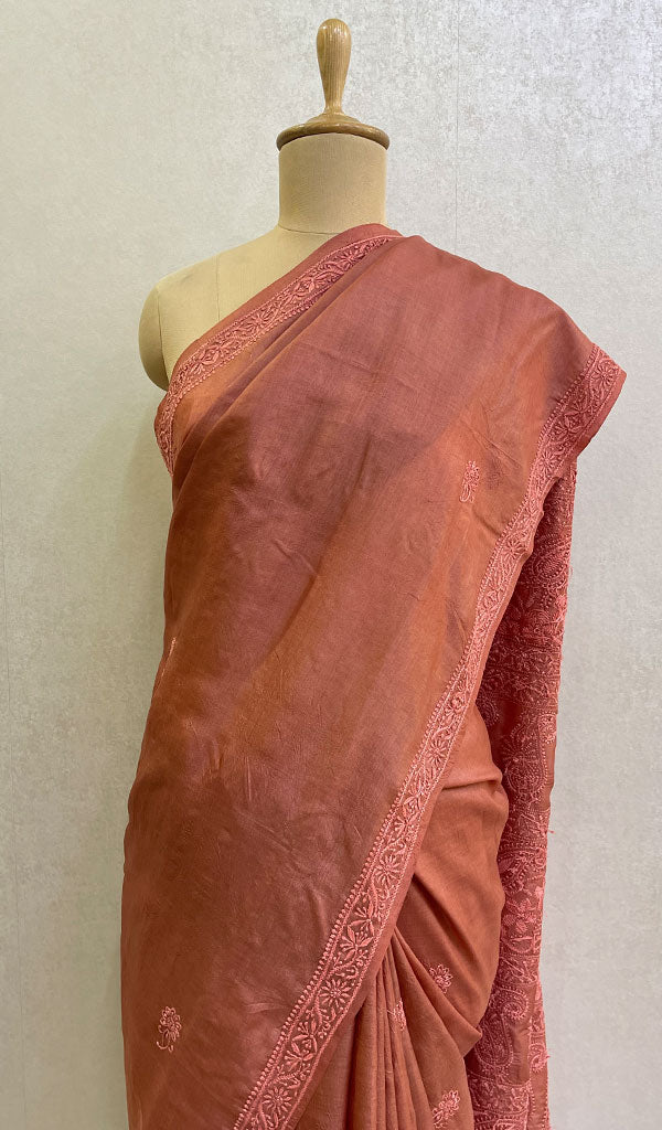 Women's Lakhnavi Handcrafted Tussar Silk Chikankari Saree - HONC0129875