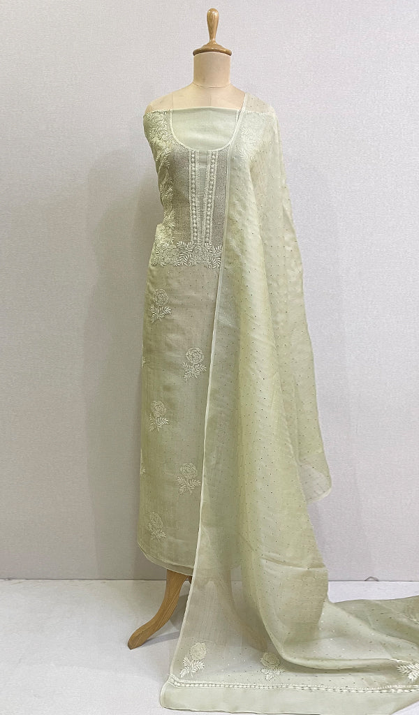 Rose Women's Lakhnavi Handcrafted Pure Organza Chikankari Unstitched Kurta And Dupatta Set- HONC0168389
