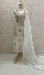 将图像加载到图库查看器中, Women's Lakhnavi Handcrafted Pure Organza Chikankari Unstitched Kurta And Dupatta Set-  HONC02831111