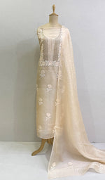 Load image into Gallery viewer, Rose Women's Lakhnavi Handcrafted Pure Organza Chikankari Unstitched Kurta And Dupatta Set- HONC0168387