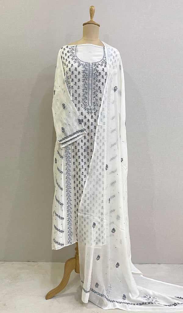 Saziya Women's Lakhnavi Handcrafted Mul Chanderi Semi - Stitched Kurta And Dupatta Set - HONC0227120