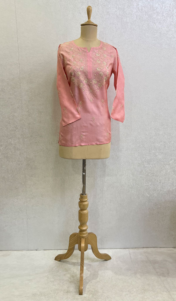 Lakhnavi 手工丝绸 Chikankari 上衣 - HONC0118656