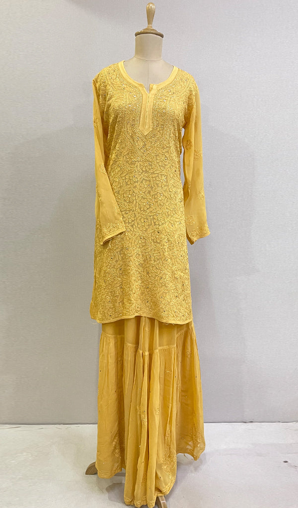 Shadleen Women's Lucknowi Handcrafted Viscose Georgette Chikankari Kurta Gharara Set - HONC0195688