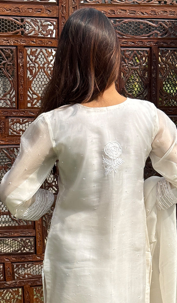 Rose Women's Lucknowi Handcrafted Pure Organza Silk Stitched Chikankari Kurta, Dupatta With Pant Set- HONC0270713