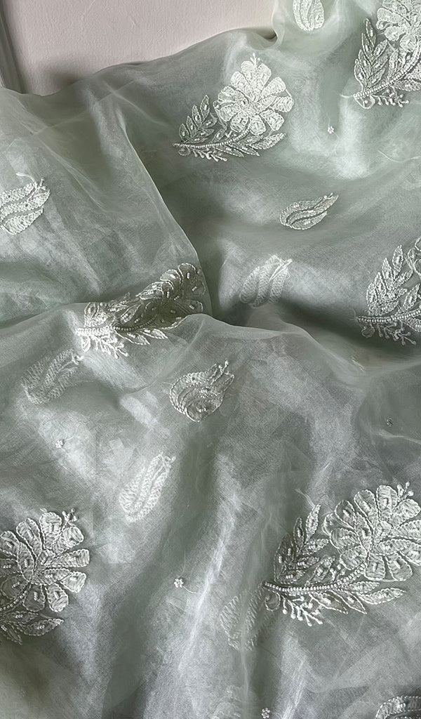 Women's Lakhnavi Handcrafted Organza Chikankari Unstitched Full Suit Material - HONC0271210