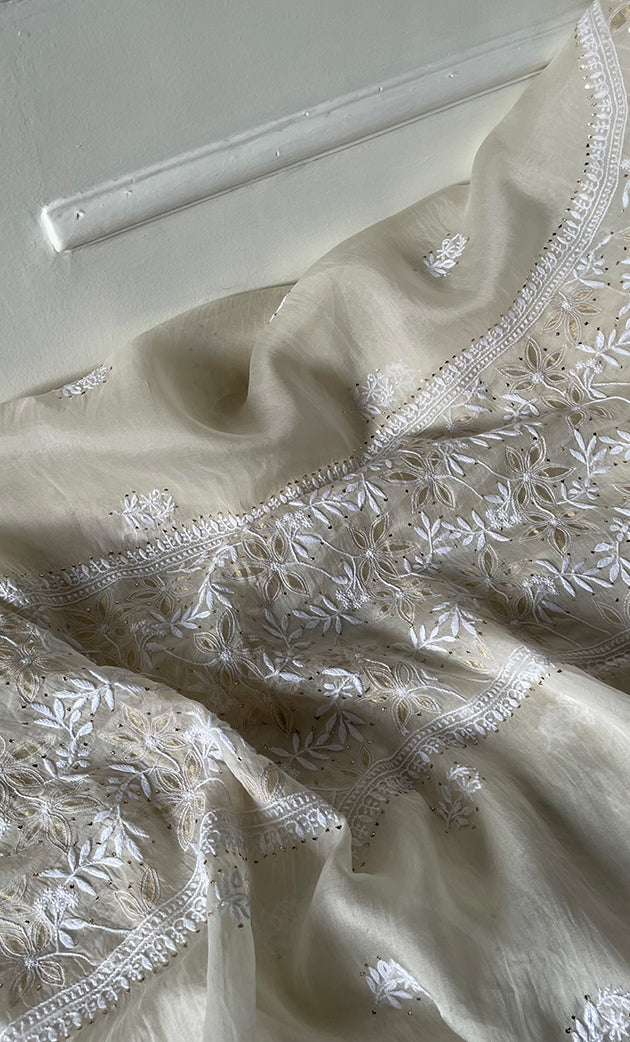 Women's Lakhnavi Handcrafted Pure Organza Chikankari Unstitched Kurta And Dupatta Set- HONC0320499