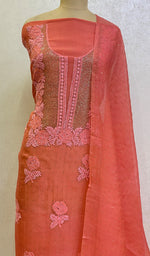 Load image into Gallery viewer, Rose Women's Lakhnavi Handcrafted Pure Organza Chikankari Unstitched Kurta And Dupatta Set- HONC0147620