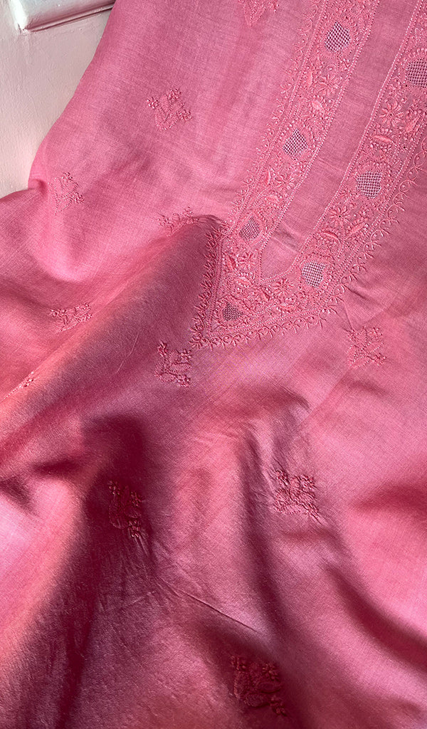 Lucknowi Handcrafted Munga Silk Chikankari Unstitched Men's Kurta Fabric - HONC017976