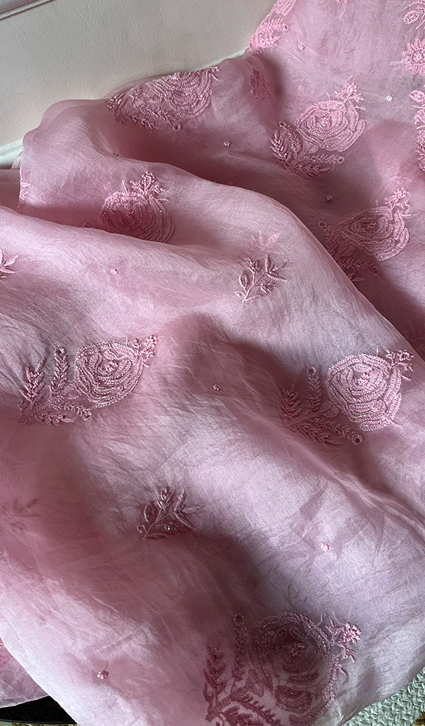 Women's Lakhnavi Handcrafted Pure Organza Chikankari Unstitched Kurta And Dupatta Set- HONC0269561