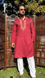 将图像加载到图库查看器中, Men's Lucknowi Handcrafted Cotton Chikankari Kurta - HONC0237353