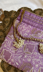Load image into Gallery viewer, Green Chikankari Embroidered Potli Bag with White Bead Tassels - HONC0317200