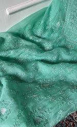 将图像加载到图库查看器中, Women's Lakhnavi Handcrafted Pure Organza Chikankari Unstitched Kurta And Dupatta Set- HONC029556