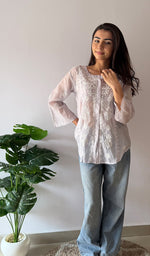 Load image into Gallery viewer, Vaanya Women's Lakhnavi Handcrafted Mul Chanderi Chikankari Top - HONC0373146