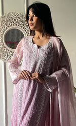 Load image into Gallery viewer, Women's Lakhnavi Handcrafted Mul Chanderi Chikankari Stitched Kurta, Dupatta And Pant Set - HONC0321277